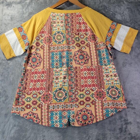 Cato Womens Patchwork Henley Top L Multicolor Boho Festival Casual Raglan Sleeve - Picture 6 of 9